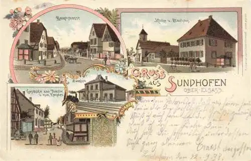 AK / Ansichtskarte Sundhofen Sundhoffen Colmar 68 Haut-Rhin Hauptstrasse Kirche Pfarrhaus Gasthoefe Bahnhof Litho