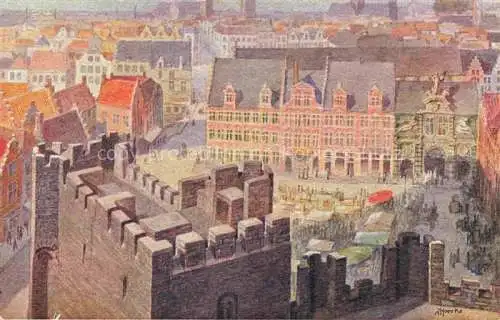 AK / Ansichtskarte GENT Gand Belgie Place Sainte Pharailde vue du haut du Château des Comtes Aquarell Kuenstlerkarte
