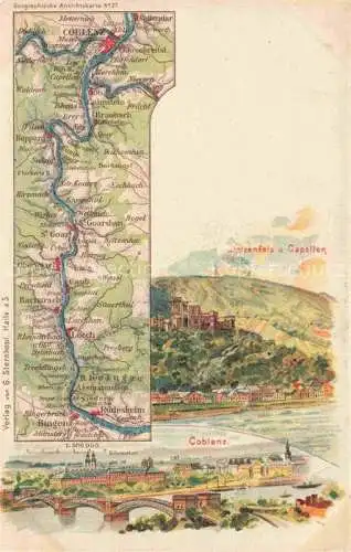AK / Ansichtskarte KOBLENZ  Rhein Landkarte Rheintal Schloss Stolzenfels und Capellen Kuenstlerkarte