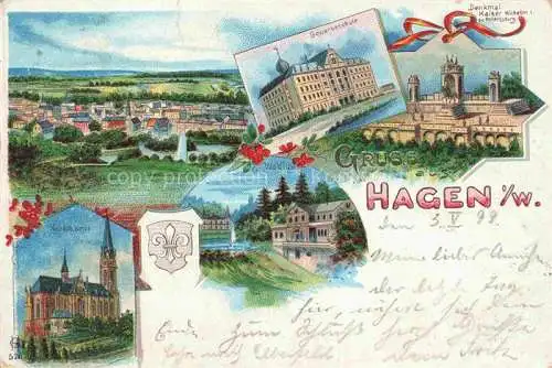 AK / Ansichtskarte HAGEN  Westfalen NRW Panorama Gewerbeschule Kaiser-Wilhelm-Denkmal Waldlust Kirche Kuenstlerkarte