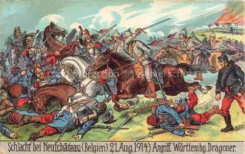 AK / Ansichtskarte Neufchateau Luxembourg Belgie Weltkrieg 1914 Schlacht bei Neufchâteau Angriff Wuerttembg. Dragoner Kuenstlerkarte