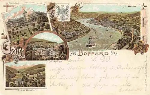 AK / Ansichtskarte Boppard Rhein Rheinland-Pfalz Panorama Rheintal Marienberg Muehlbad Pension Henzler Litho Deutsche Reichspost