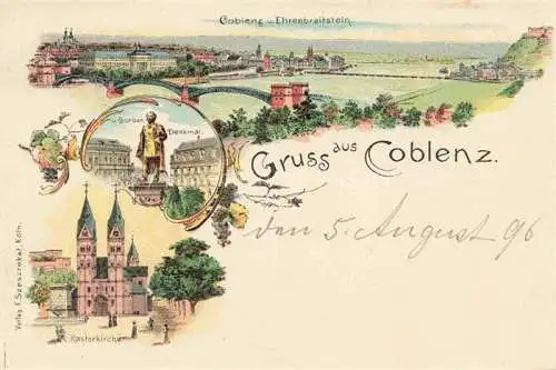 AK / Ansichtskarte Coblenz KOBLENZ Panorama Ehrenbreitstein von Goeben Denkmal Kastorkirche Litho Deutsche Reichspost