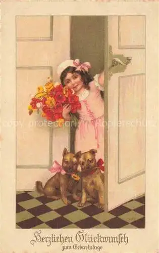 AK / Ansichtskarte Geburtstag Birthday Anniversaire Hunde Maedchen Rosen