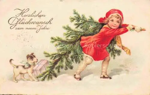AK / Ansichtskarte Neujahr Annee New Year Maedchen Weihnachtsbaum Hund Geschenk 