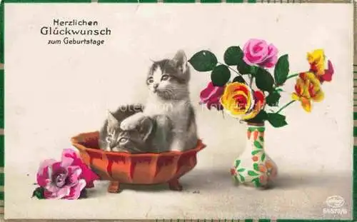 AK / Ansichtskarte Foto Amag Nr. 64570/6 Geburtstage Katzen Blumen Vase 