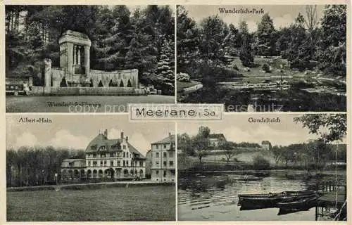AK / Ansichtskarte Meerane Sachsen Wunderlich-Ehrung Denkmal Park Albert-Hain Gondelteich
