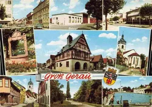 AK / Ansichtskarte Gross-Gerau Darmstaedter Str Bahnhof Marktplatz Alter Brunnen Rathaus Ev Kirche Kirchstr Fasanerie Schwimmbad