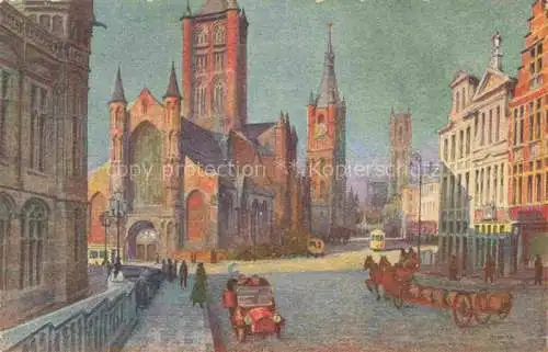 AK / Ansichtskarte Gand  GENT Belgie Eglise Saint Nicolas le Beffroi Eglise Saint Bavon Aquarel Kuenstlerkarte