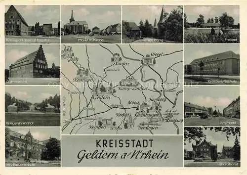 AK / Ansichtskarte Geldern NRW Kreissparkasse Hospital Markt Kirche Schloss Freibad Gymnasium Schule Kriegerehrenmal Landratsamt Landkarte
