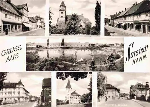 AK / Ansichtskarte Sarstedt Hildesheim Niedersachsen Strassenpartien Heilig-Geist-Kirche Partie am Teich Baumschule Innerste-Bruecke