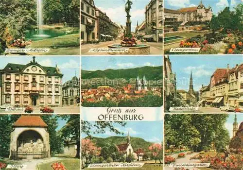 AK / Ansichtskarte OFFENBURG Offenbourg Zwinger-Anlagen Neptunbrunnen Steingarten Rathaus Panorama Hauptstrasse oelberg Weingartner Kirchlein Vincentiusgarten