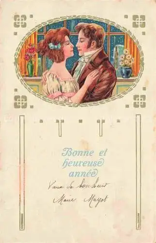 AK / Ansichtskarte Neujahr Annee New Year Litho Frau Mann Vase Blumen 