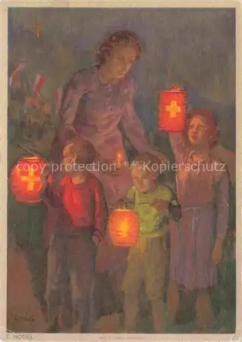 AK / Ansichtskarte HODEL Ernst (1881-1955) Kuenstlerkarte Schweiz Laterne Kinder Fete Nationale Schweiz 