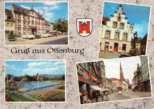 AK / Ansichtskarte OFFENBURG Offenbourg Rathaus Hirsch-Apotheke Giebelhaus Loewenbrunnen Freibad Kirche