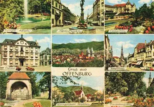 AK / Ansichtskarte OFFENBURG Offenbourg Zwinger-Anlagen Neptunbrunnen Steingarten Rathaus Panorama Hauptstrasse oelberg Weingaertner Kirchlein Vincentiusgarten