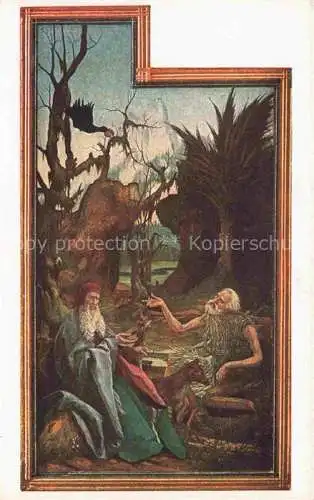 AK / Ansichtskarte GRueNEWALD Matthias Nithart Kuenstlerkarte Isenheimer Altar Der Besuch des heiligen Antonius bei dem Einsidler Paulus