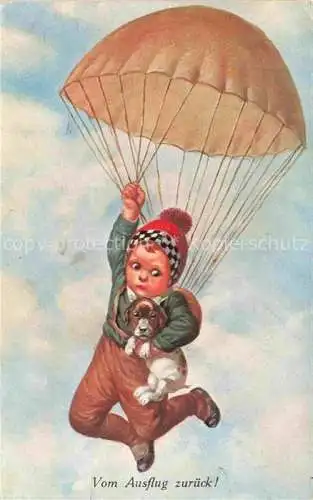 AK / Ansichtskarte Fallschirmspringen Skydiving Parachuting Paracadutismo-- Kind Hund Litho