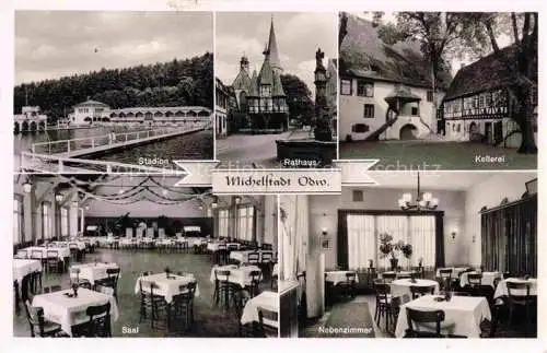 AK / Ansichtskarte Michelstadt Odenwald Hessen Stadion Rathaus Kellerei Gaststaette Schmerkers Garten Saal Nebenzimmer