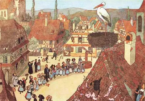 AK / Ansichtskarte HANSI  Waltz J J (1873-1951) Kuenstlerkarte Alsace Elsass Cigogne notre village est revenue Colmar Alsace