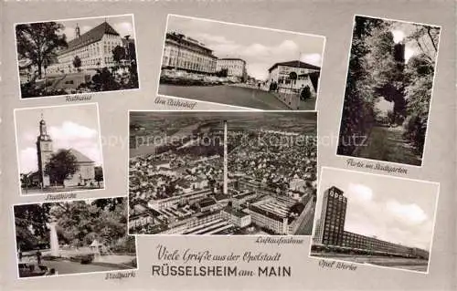 AK / Ansichtskarte RuessELSHEIM Main Rathaus Bahnhof Partie im Stadtgarten Kirche Stadtpark Luftaufnahme Opel-Werke