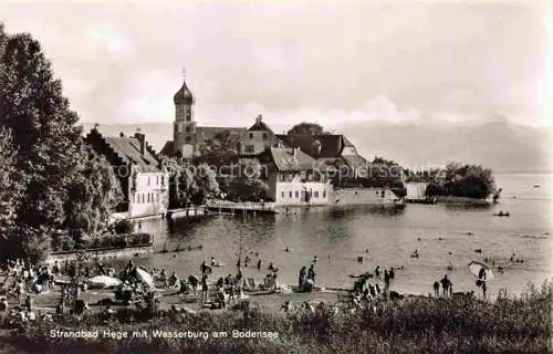 AK / Ansichtskarte Hege Bodensee Strandbad mit Wasserburg Kirche