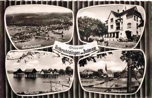 AK / Ansichtskarte Unteruhldingen-Muehlhofen Bodensee Fliegeraufnahme Gasthof Mainaublick Pfahlbauten Hafenpartie