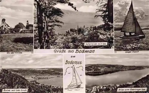 AK / Ansichtskarte Bodman-Ludwigshafen Bodensee Kirche Adlerblick mit See Ruine mit See Ende ueberlinger See Segelpartie
