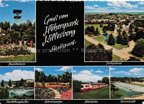 AK / Ansichtskarte Killesberg STUTTGART Aussichtsturm Parkgelaende Ausstellungshallen Blumengarten Kleinbahn Wasserspiele