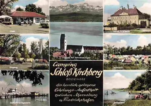 AK / Ansichtskarte Hagnau Bodensee mit Schweizer Alpen Kiosk Eingang Dampferanlegestelle Schloss Kirchberg Teilansicht Badestrand