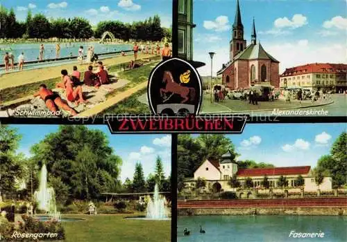AK / Ansichtskarte Zweibruecken Pfalz Schwimmbad Alexanderskirche Rosengarten Fasanerie