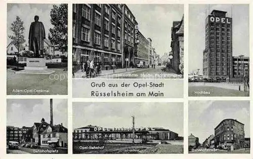AK / Ansichtskarte RuessELSHEIM Main Adam Opel Denkmal Bahnhofsplatz Darmstaedter Strasse Opel Bahnhof Hochbau Bahnhofstrasse