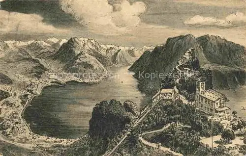 AK / Ansichtskarte LUGANO Lago di Lugano TI Panorama del San Salvatore Luganersee aus der Vogelperspektive Kuenstlerkarte