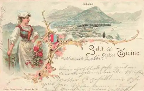 AK / Ansichtskarte LUGANO Lago di Lugano TI Panorama Luganersee Trachten Kuenstlerkarte