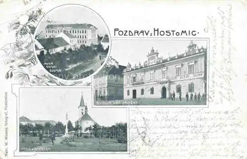 AK / Ansichtskarte Hostomic Hostomice pod Brdy Hostomitz Berouna Beroun Beraun CZ Nova Skolni Budova Park Kostelen Budova OBC Zalozny