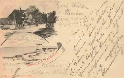 AK / Ansichtskarte Hohwacht Ostseebad Schleswig-Holstein Kuestenpanorama Strand Reetdachhaus Kuenstlerkarte