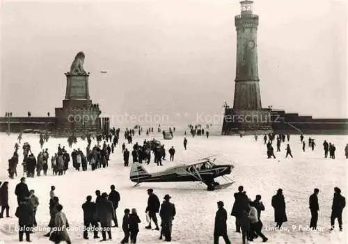 AK / Ansichtskarte LINDAU  Bodensee Bayern Eislandung auf dem Bodensee 9. Februar 1963 Hafeneinfahrt Skulptur Bayerischer Loewe Leuchtturm