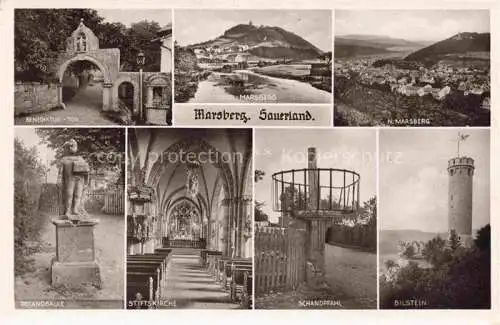 AK / Ansichtskarte Marsberg Sauerland Benediktus Tor Panorama Marsberg Rolandsaeule Stiftskirche Schandpfahl Bilstein Turm