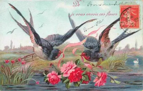 AK / Ansichtskarte Schwalben Swallow Hirondelle Golondria Voegel Birds Oiseaux Rosen See 