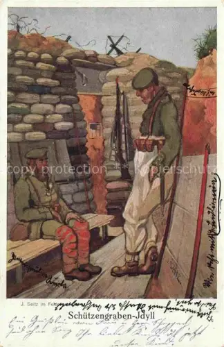 AK / Ansichtskarte SEITZ J. Militaria Kuenstlerkarte Schuetzengraben Jdyll Soldaten 
