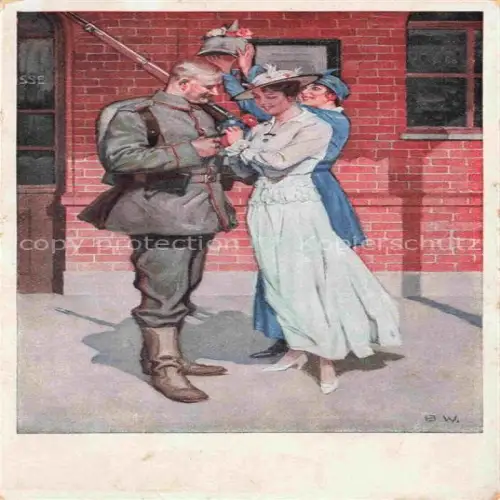 AK / Ansichtskarte Wennerberg Brynolf Kuenstlerkarte vor der abfahrt Soldaten Frauen Pickelhaube  
