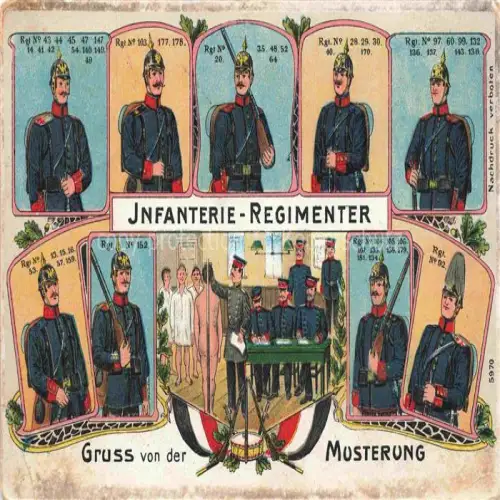 AK / Ansichtskarte Musterung Conscription Reclutamiento Arruolamento Militaria Soldaten Pickelhaube Infanterie Regimenter 