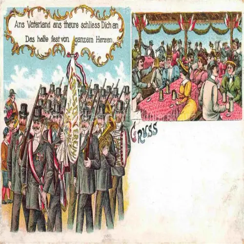 AK / Ansichtskarte Schuetzenfest Schuetzenverein Sportschuetzen Raum Mitteilungen Litho Soldaten 