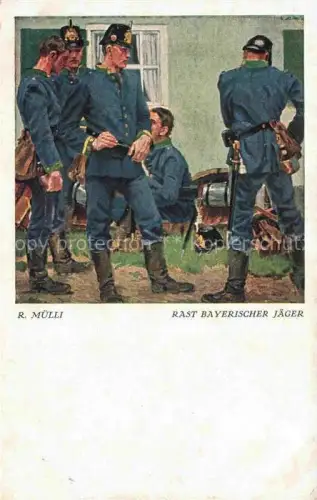 AK / Ansichtskarte MueLLI R. Militaria Kuenstlerkarte Rast Bayerischer Jaeger Soldaten Muenchen 