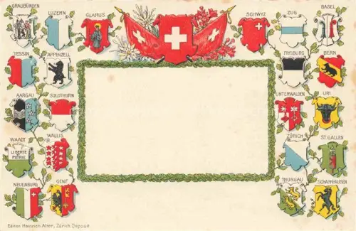 AK / Ansichtskarte WAPPEN-LITHO-RAHMENKARTE Zug Basel Glabus Tessin Genf Thurgau St.Gallen Bern AArgau