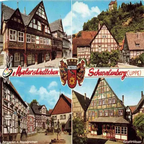 AK / Ansichtskarte Schwalenberg Rathaus Burg Berggarten Rolandbrunnen Kuenstlerklause Fachwerkhaeuser