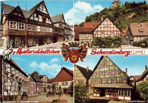 AK / Ansichtskarte Schwalenberg Rathaus Burg Berggarten Rolandbrunnen Kuenstlerklause Fachwerkhaeuser