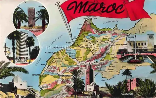 AK / Ansichtskarte Maroc Marokko Landkarte Rabat Casablanca Agadir Oujda Quarzazate Marrakech