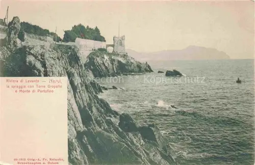 AK / Ansichtskarte Nervi GENOVA Genua Liguria IT La spiaggia con Torre Grapallo e Monte di Portofino