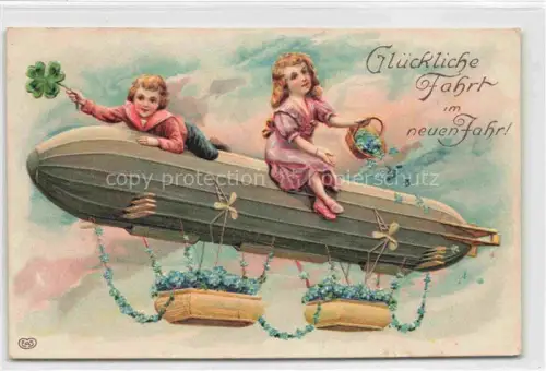 AK / Ansichtskarte Zeppelin Luftschiff -- Kinder Neu Jahr Kleeblatt 